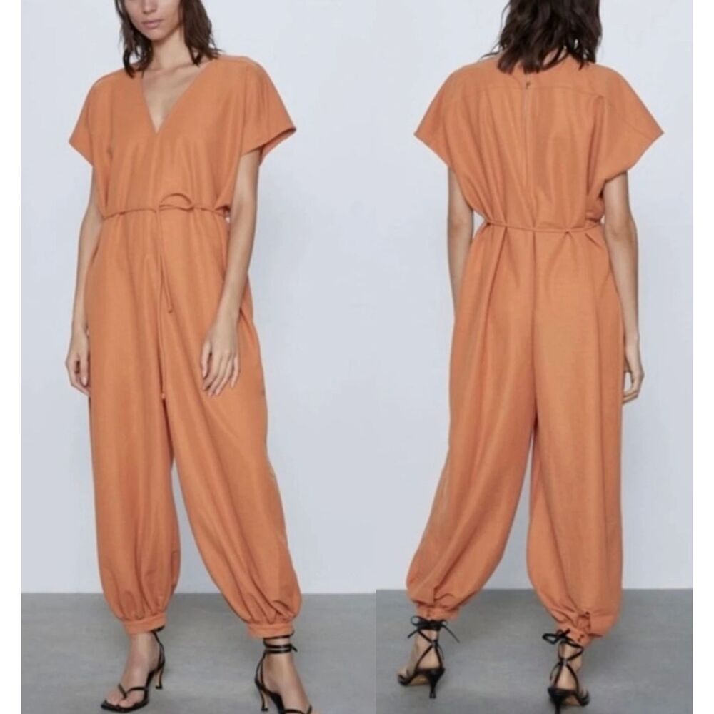 Zara Womens Baggy Parachute Belted V Neck Jumpsuit Flowy Boho‎ Orange Size Small